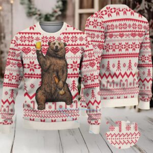 White Red Coors Banquet Drinking Bear Christmas Pattern Ugly Sweater