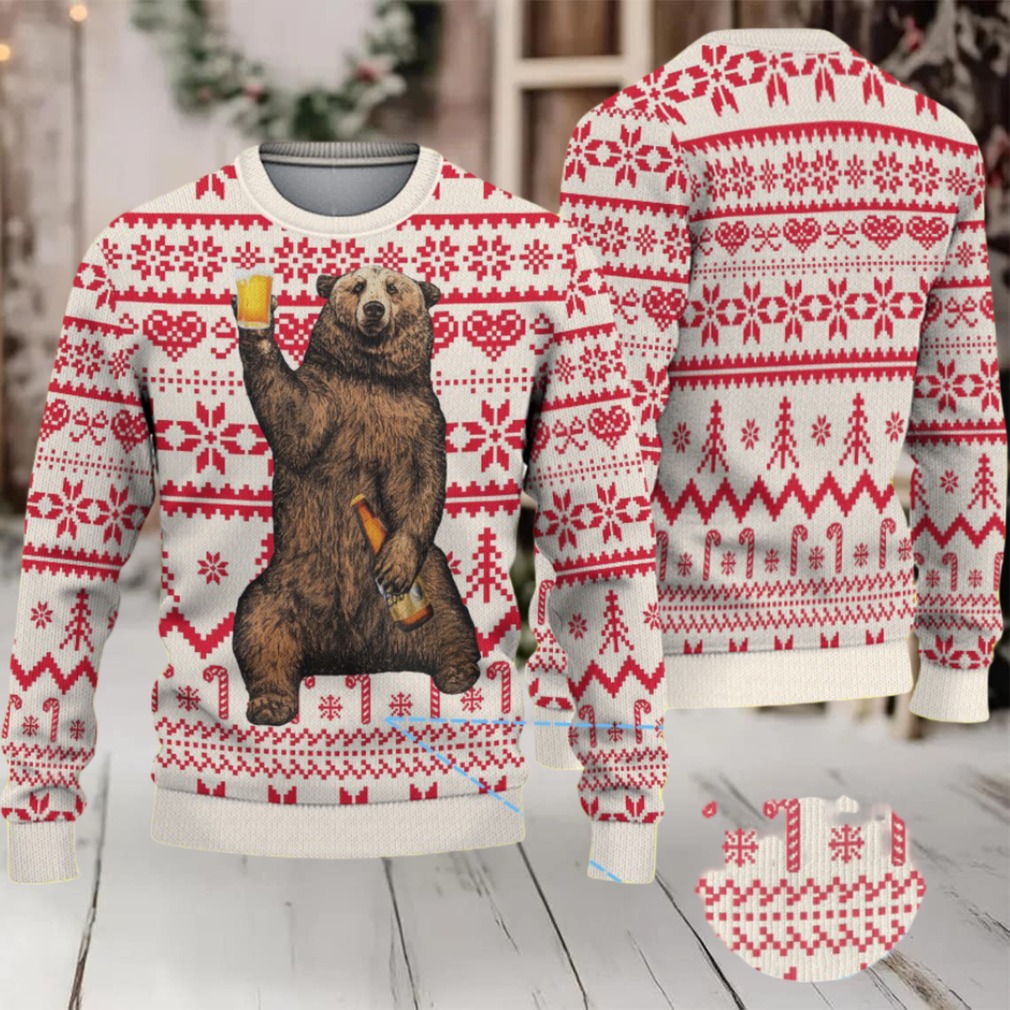 White Red Coors Banquet Drinking Bear Christmas Pattern Ugly Sweater White Red Coors Banquet Drinking Bear Christmas Pattern Ugly Sweater
