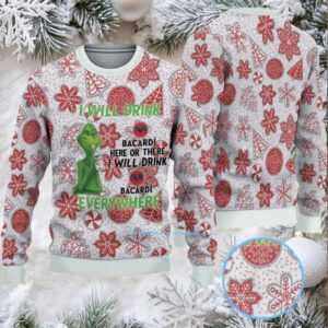White & Red Gingerbread Cookie Snowflake Bacardi Ugly Christmas Sweater