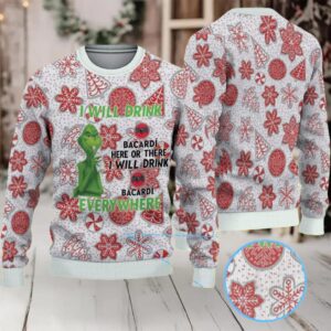 White & Red Gingerbread Cookie Snowflake Bacardi Ugly Christmas Sweater