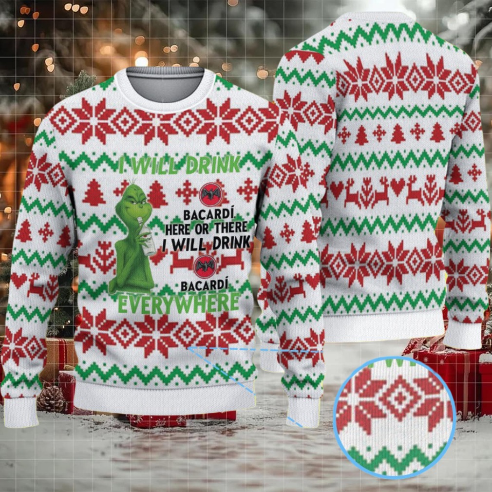 White Red & Green Fair Isle Poinsettia & Christmas Tree Bacardi Ugly Christmas Sweater