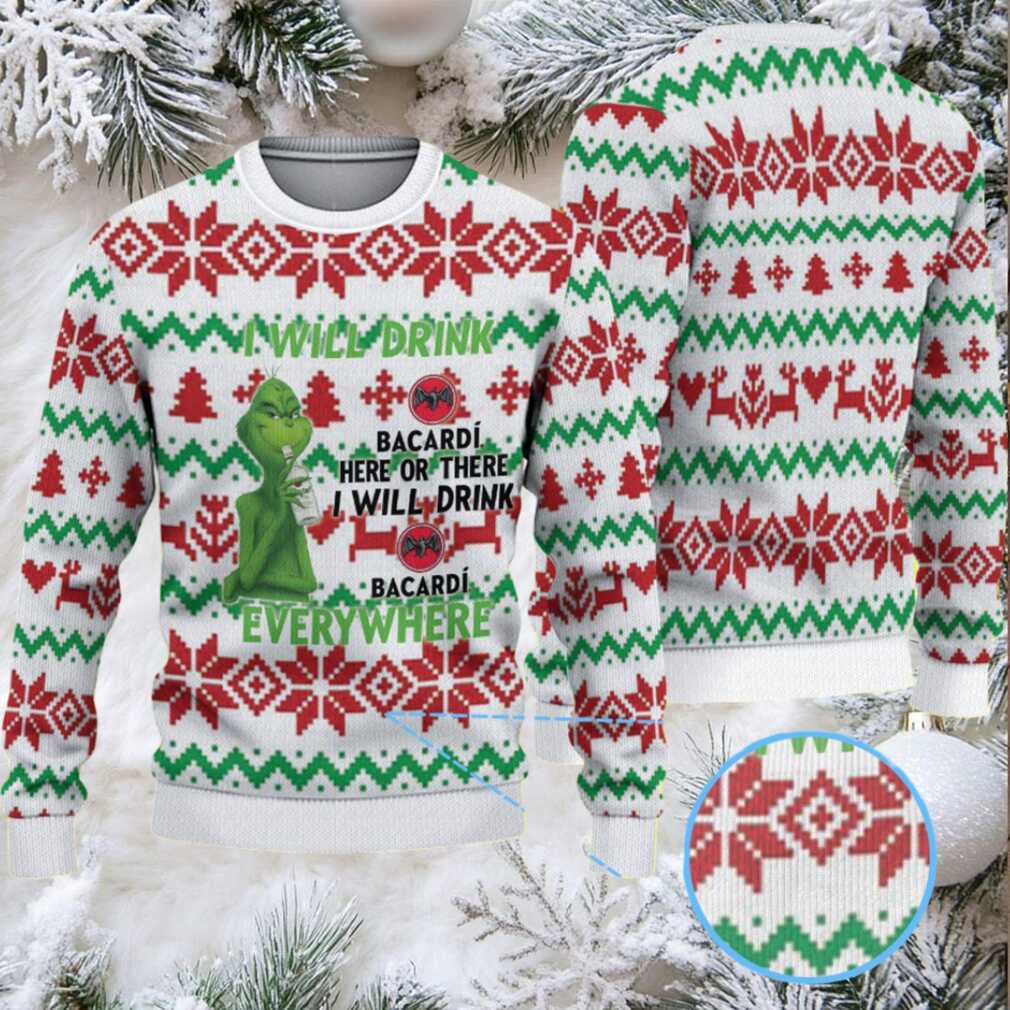 White Red & Green Fair Isle Poinsettia & Christmas Tree Bacardi Ugly Christmas Sweater