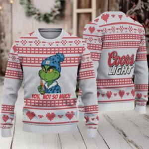 White & Red Heart Pattern “Grinch You, Not So Much” Ugly Christmas Sweater – Coors Light Edition