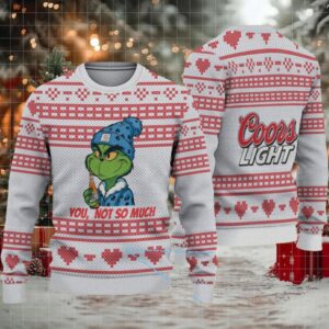 White & Red Heart Pattern “Grinch You, Not So Much” Ugly Christmas Sweater – Coors Light Edition