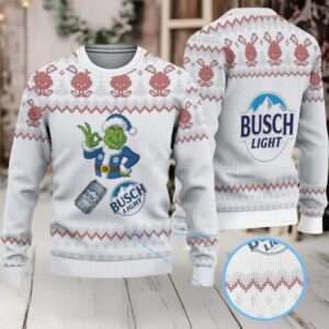White & Red Pixel Reindeer Pattern “Busch Light Christmas Grinch” Ugly Holiday Sweater