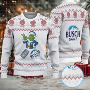 White & Red Pixel Reindeer Pattern “Busch Light Christmas Grinch” Ugly Holiday Sweater