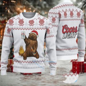 White & Red Reindeer Pattern “Santa Bear Holding Coors Light” Ugly Christmas Sweater – Coors Light Edition