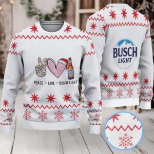 White & Red Snowflake Pattern “Peace Love Busch Light” Ugly Christmas Sweater