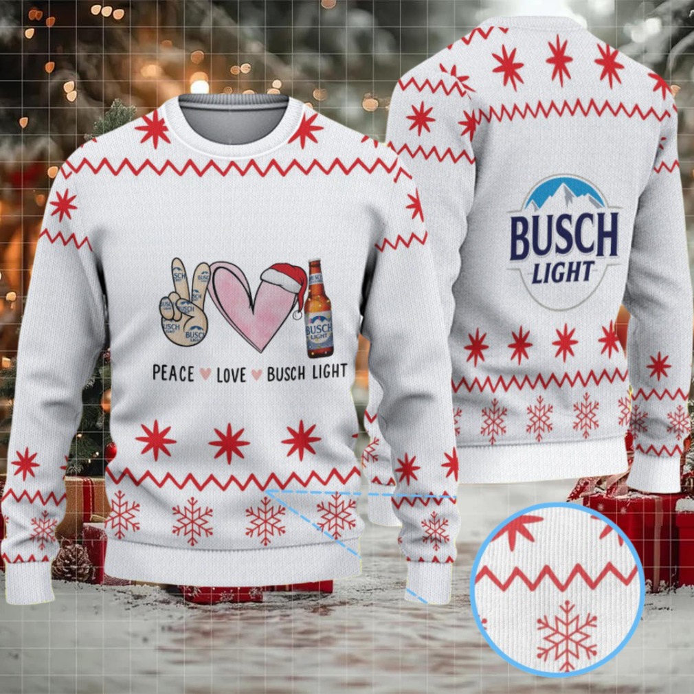 White & Red Snowflake Pattern “Peace Love Busch Light” Ugly Christmas Sweater White & Red Snowflake Pattern “Peace Love Busch Light” Ugly Christmas Sweater