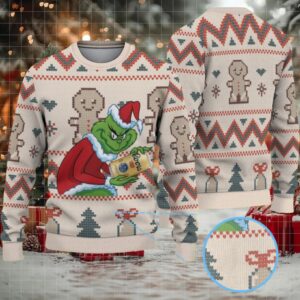 White Tan Coors Grinch Gingerbread Christmas Pattern Ugly Sweater