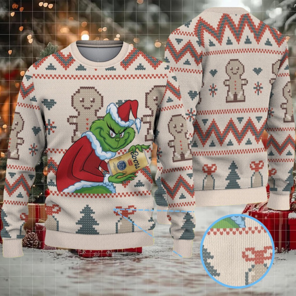 White Tan Coors Grinch Gingerbread Christmas Pattern Ugly Sweater