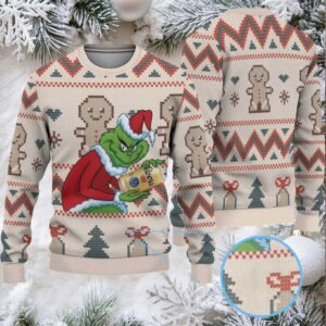 White Tan Coors Grinch Gingerbread Christmas Pattern Ugly Sweater