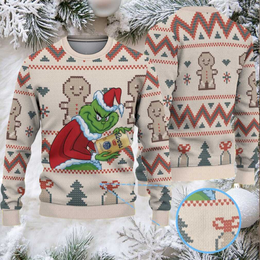White Tan Coors Grinch Gingerbread Christmas Pattern Ugly Sweater