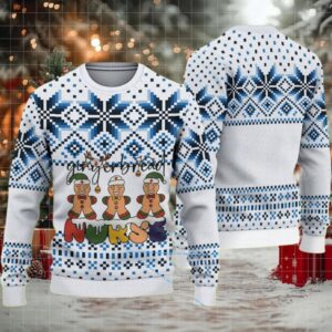 White Ugly Christmas Sweater with Blue Snowflake Pattern Featuring Gingerbread Nurse