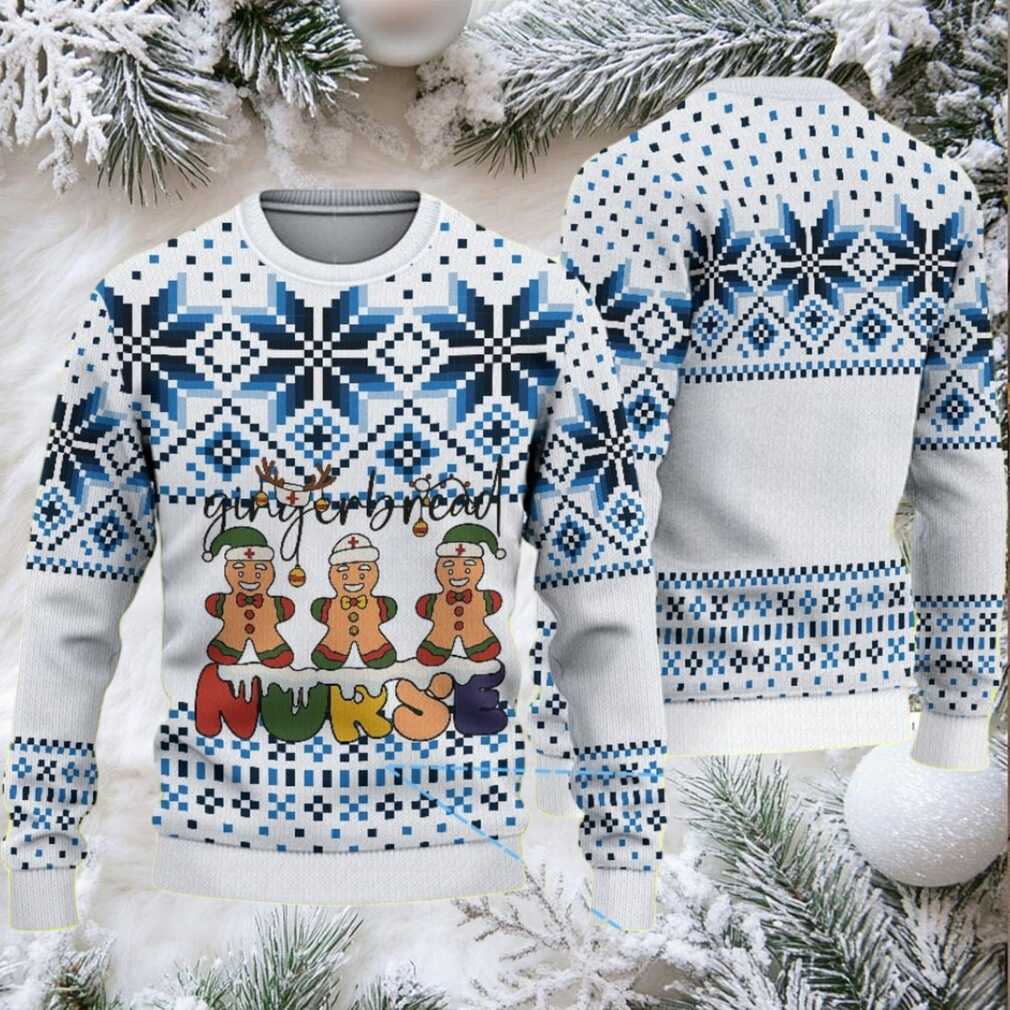 White Ugly Christmas Sweater with Blue Snowflake Pattern Featuring Gingerbread Nurse
