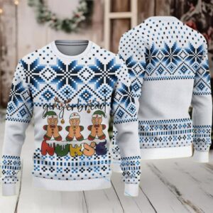White Ugly Christmas Sweater with Blue Snowflake Pattern Featuring Gingerbread Nurse