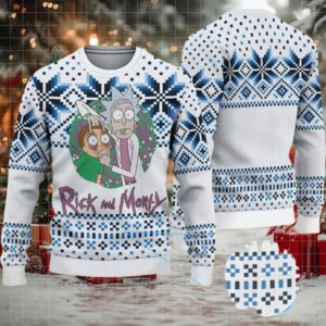 White Ugly Christmas Sweater with Blue Snowflake Pattern Featuring Rick and Morty Portal