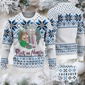 White Ugly Christmas Sweater with Blue Snowflake Pattern Featuring Rick and Morty Portal