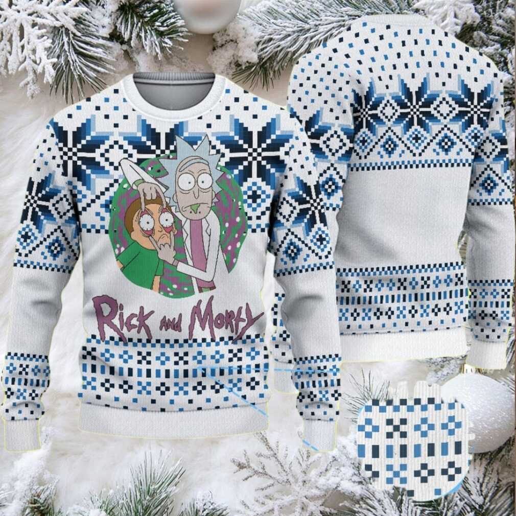 White Ugly Christmas Sweater with Blue Snowflake Pattern Featuring Rick and Morty Portal