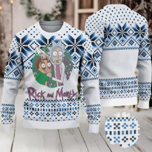 White Ugly Christmas Sweater with Blue Snowflake Pattern Featuring Rick and Morty Portal
