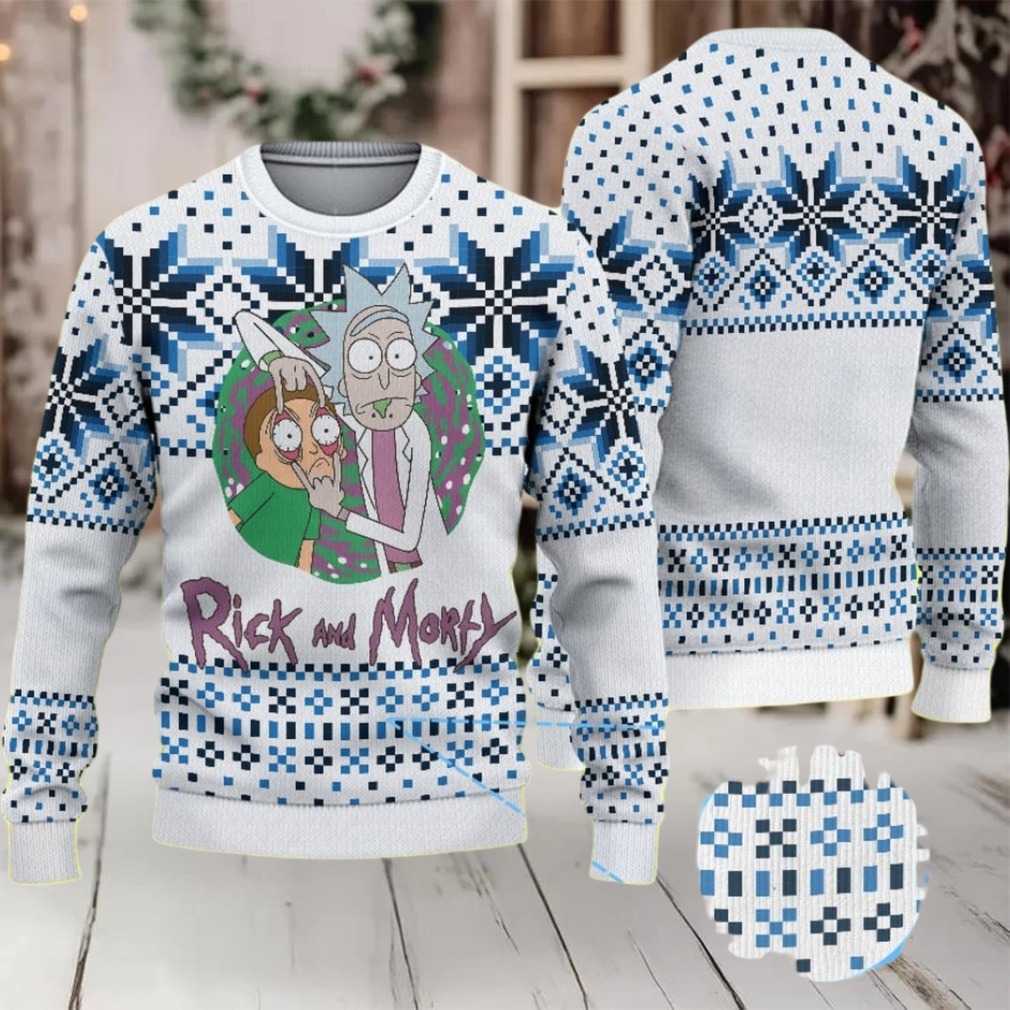 White Ugly Christmas Sweater with Blue Snowflake Pattern Featuring Rick and Morty Portal White Ugly Christmas Sweater with Blue Snowflake Pattern Featuring Rick and Morty Portal
