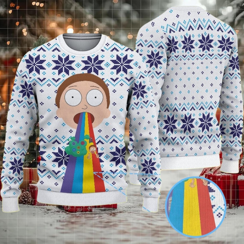 White Ugly Christmas Sweater with Blue Snowflake Pattern Featuring Rick and Morty Rainbow Vomit