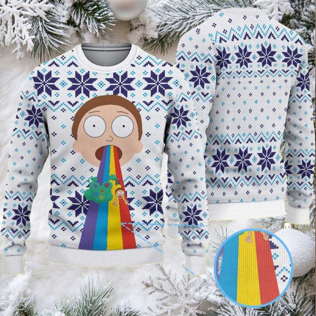 White Ugly Christmas Sweater with Blue Snowflake Pattern Featuring Rick and Morty Rainbow Vomit