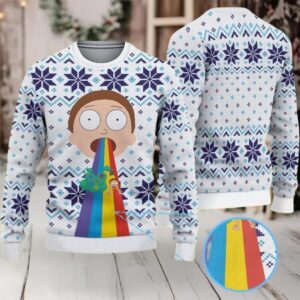 White Ugly Christmas Sweater with Blue Snowflake Pattern Featuring Rick and Morty Rainbow Vomit