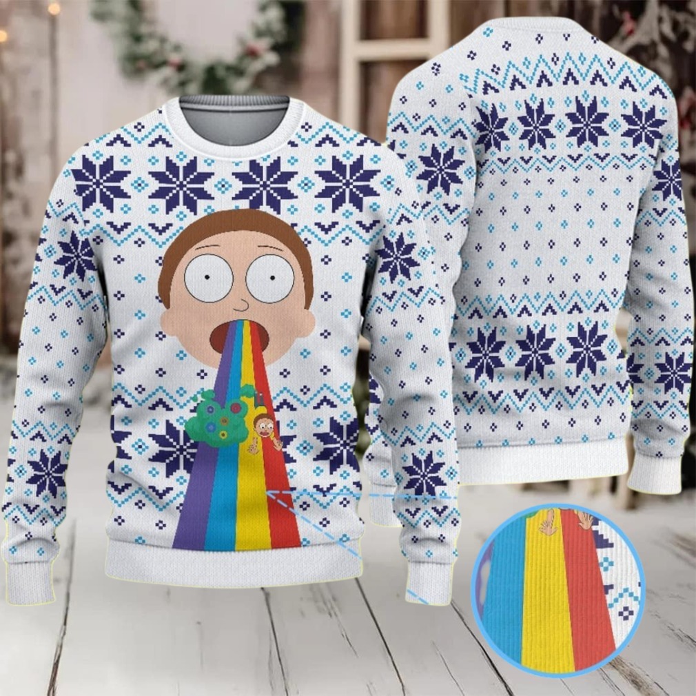 White Ugly Christmas Sweater with Blue Snowflake Pattern Featuring Rick and Morty Rainbow Vomit White Ugly Christmas Sweater with Blue Snowflake Pattern Featuring Rick and Morty Rainbow Vomit