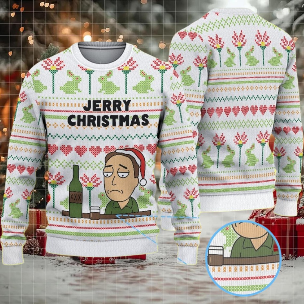 White Ugly Christmas Sweater with Colorful Heart and Frog Pattern Featuring Rick and Morty Jerry Christmas