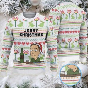 White Ugly Christmas Sweater with Colorful Heart and Frog Pattern Featuring Rick and Morty Jerry Christmas