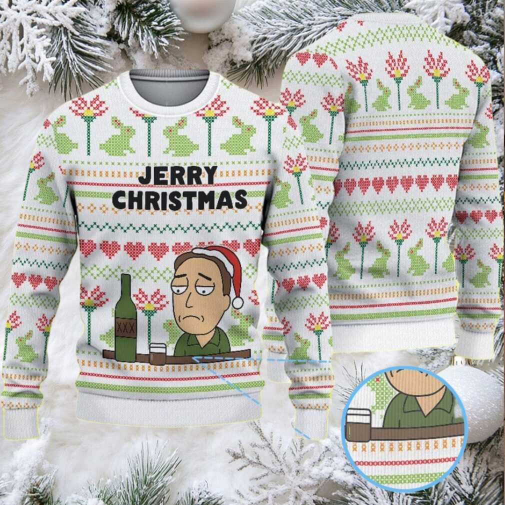 White Ugly Christmas Sweater with Colorful Heart and Frog Pattern Featuring Rick and Morty Jerry Christmas
