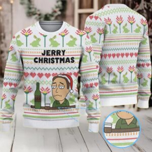 White Ugly Christmas Sweater with Colorful Heart and Frog Pattern Featuring Rick and Morty Jerry Christmas