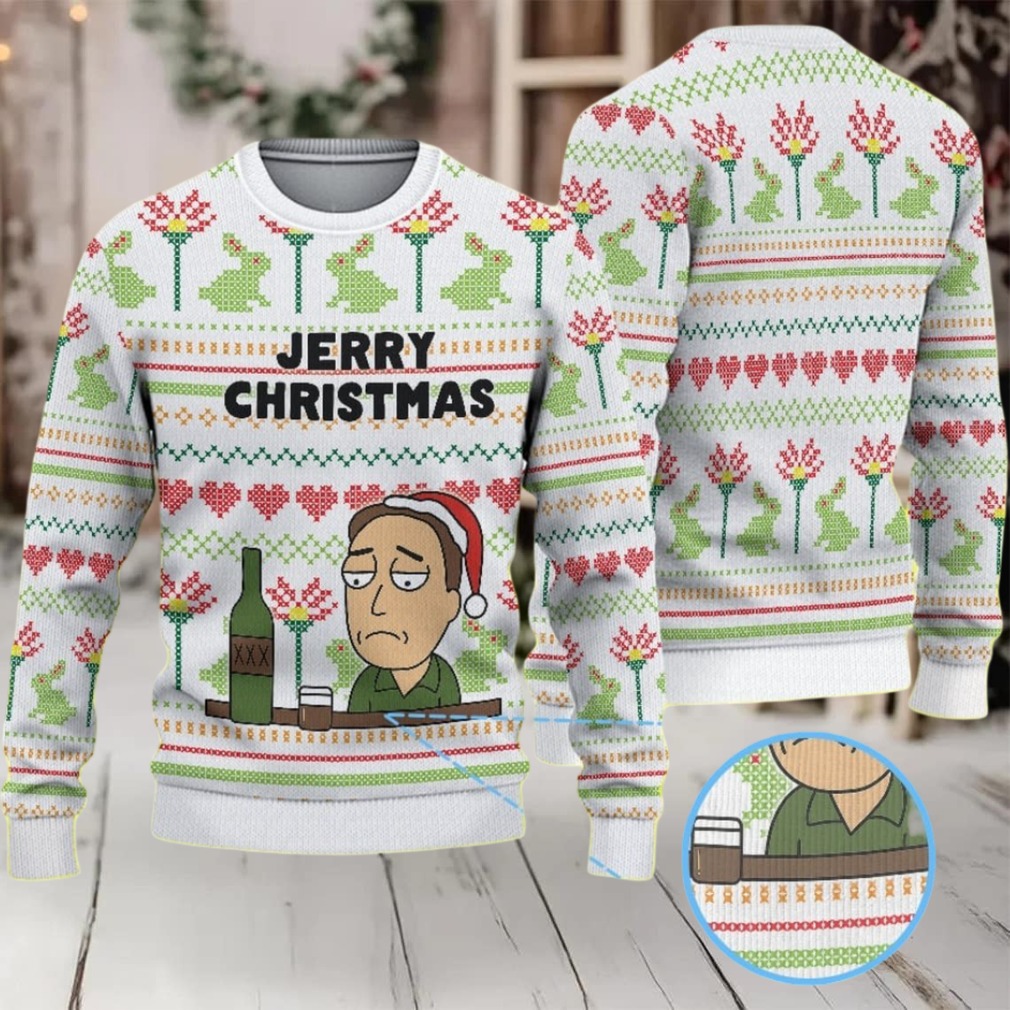 White Ugly Christmas Sweater with Colorful Heart and Frog Pattern Featuring Rick and Morty Jerry Christmas White Ugly Christmas Sweater with Colorful Heart and Frog Pattern Featuring Rick and Morty Jerry Christmas