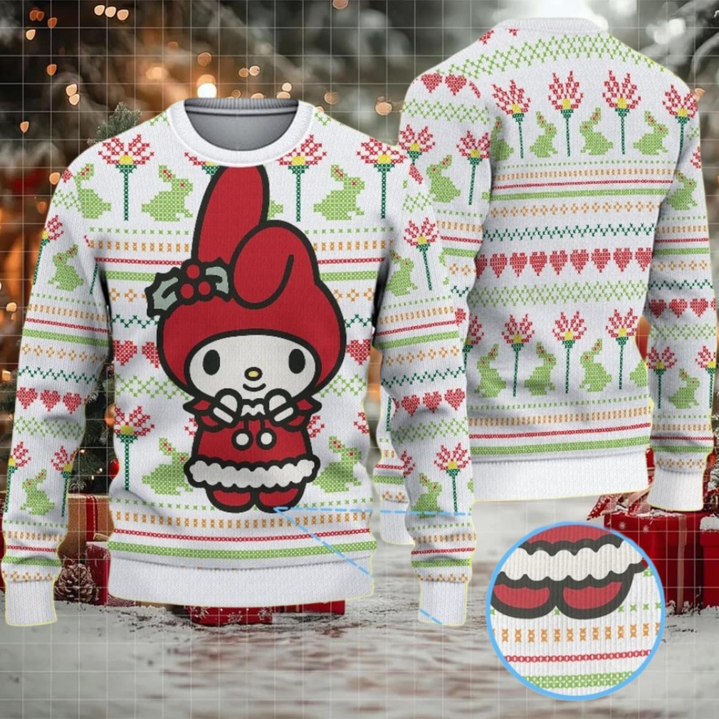 White Ugly Christmas Sweater with Green Frog and Red Flower Pattern Featuring Hello Kitty My Melody in Santa Outfit White Ugly Christmas Sweater with Green Frog and Red Flower Pattern Featuring Hello Kitty My Melody in Santa Outfit