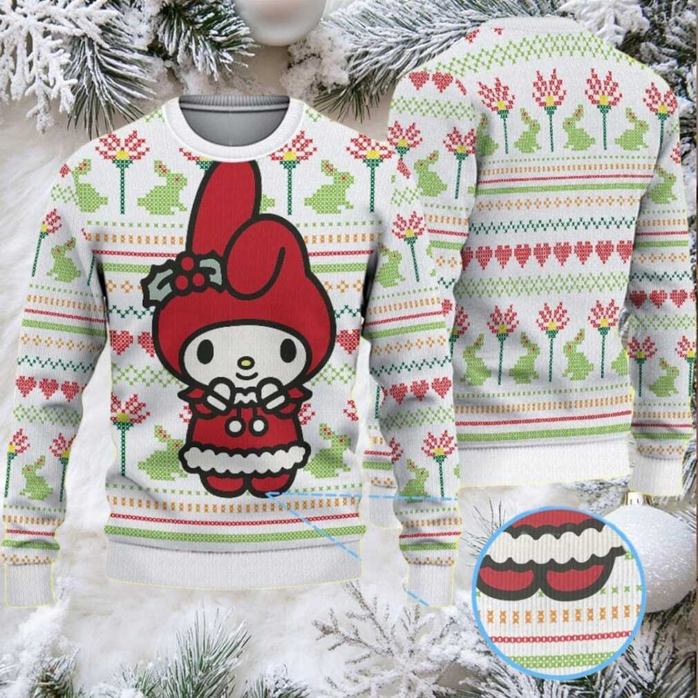 White Ugly Christmas Sweater with Green Frog and Red Flower Pattern Featuring Hello Kitty My Melody in Santa Outfit White Ugly Christmas Sweater with Green Frog and Red Flower Pattern Featuring Hello Kitty My Melody in Santa Outfit