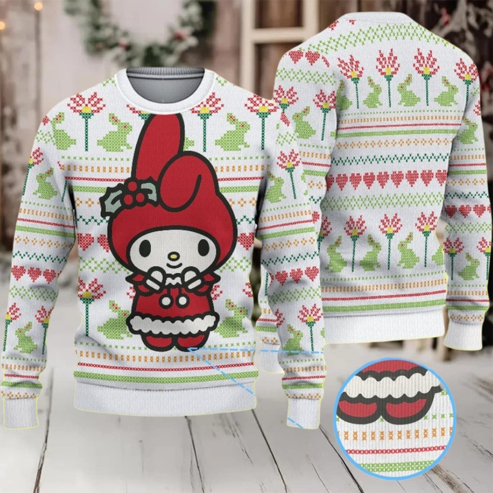 White Ugly Christmas Sweater with Green Frog and Red Flower Pattern Featuring Hello Kitty My Melody in Santa Outfit White Ugly Christmas Sweater with Green Frog and Red Flower Pattern Featuring Hello Kitty My Melody in Santa Outfit