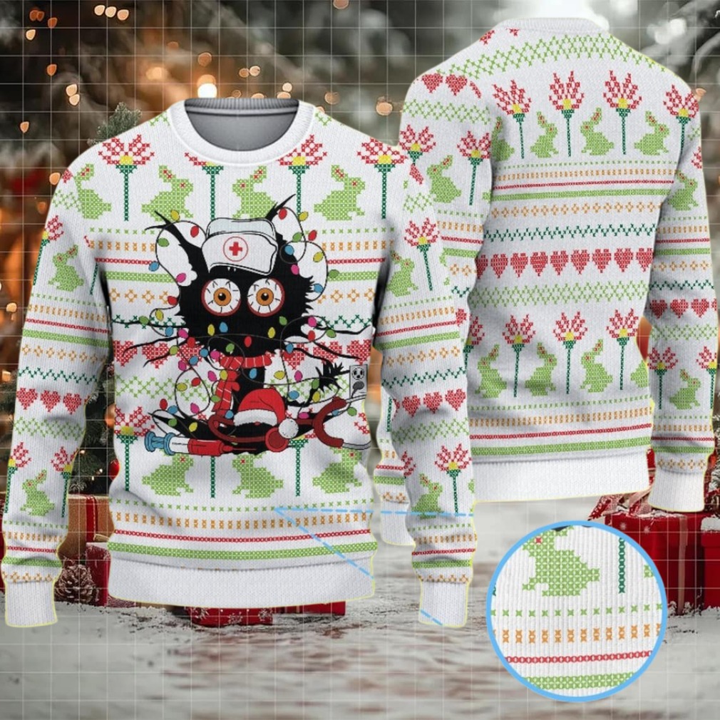 White Ugly Christmas Sweater with Green Frog and Red Heart Pattern Featuring Funny Nurse Character with Santa Hat and Medical
