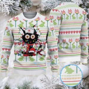 White Ugly Christmas Sweater with Green Frog and Red Heart Pattern Featuring Funny Nurse Character with Santa Hat and Medical