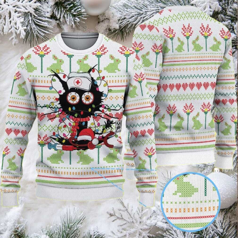 White Ugly Christmas Sweater with Green Frog and Red Heart Pattern Featuring Funny Nurse Character with Santa Hat and Medical