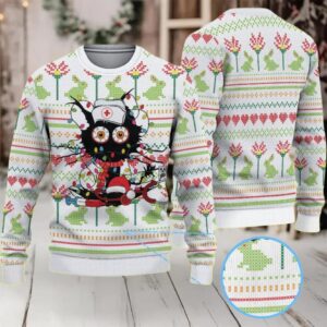 White Ugly Christmas Sweater with Green Frog and Red Heart Pattern Featuring Funny Nurse Character with Santa Hat and Medical