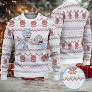 White Ugly Christmas Sweater with Red Pixel Art Pattern Featuring Rick and Morty Cartoon