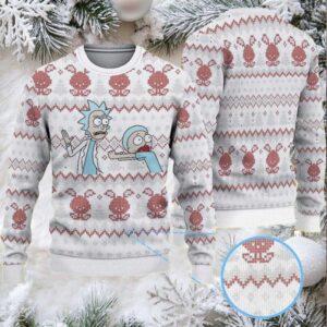 White Ugly Christmas Sweater with Red Pixel Art Pattern Featuring Rick and Morty Cartoon