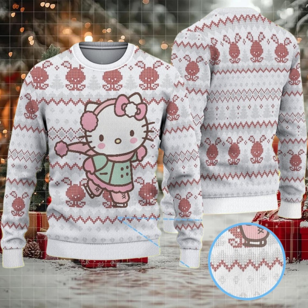 White Ugly Christmas Sweater with Red Reindeer and Diamond Pattern Featuring Hello Kitty Ice Skating in Winter Outfit White Ugly Christmas Sweater with Red Reindeer and Diamond Pattern Featuring Hello Kitty Ice Skating in Winter Outfit