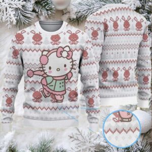 White Ugly Christmas Sweater with Red Reindeer and Diamond Pattern Featuring Hello Kitty Ice Skating in Winter Outfit