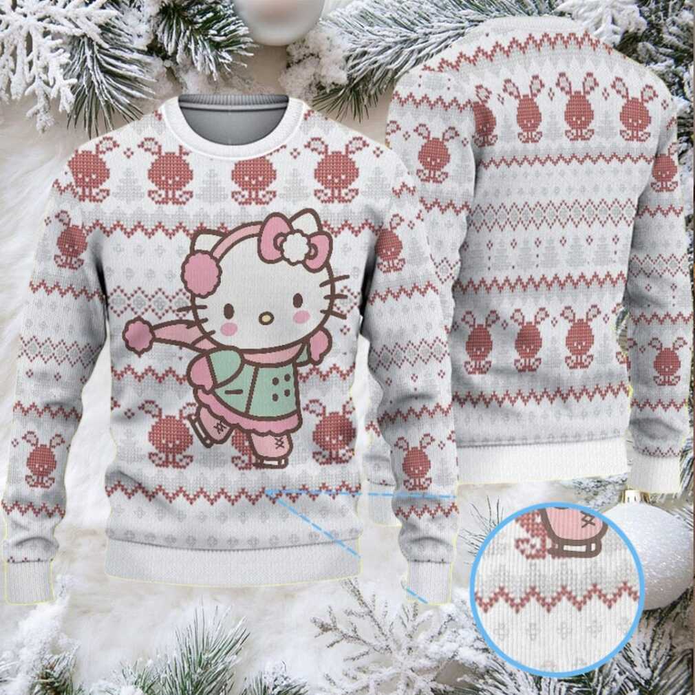 White Ugly Christmas Sweater with Red Reindeer and Diamond Pattern Featuring Hello Kitty Ice Skating in Winter Outfit White Ugly Christmas Sweater with Red Reindeer and Diamond Pattern Featuring Hello Kitty Ice Skating in Winter Outfit
