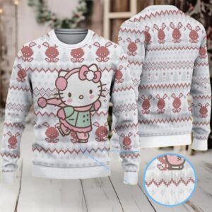 White Ugly Christmas Sweater with Red Reindeer and Diamond Pattern Featuring Hello Kitty Ice Skating in Winter Outfit