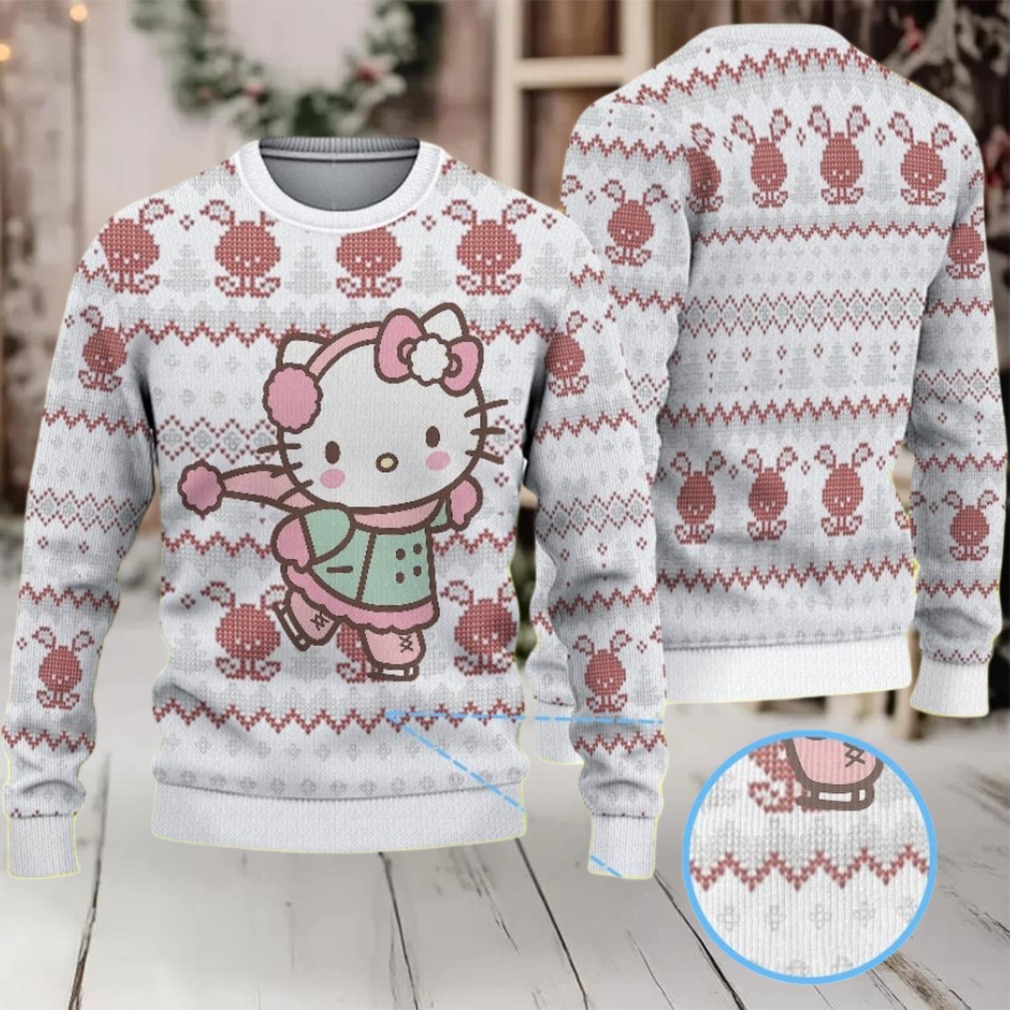 White Ugly Christmas Sweater with Red Reindeer and Diamond Pattern Featuring Hello Kitty Ice Skating in Winter Outfit White Ugly Christmas Sweater with Red Reindeer and Diamond Pattern Featuring Hello Kitty Ice Skating in Winter Outfit