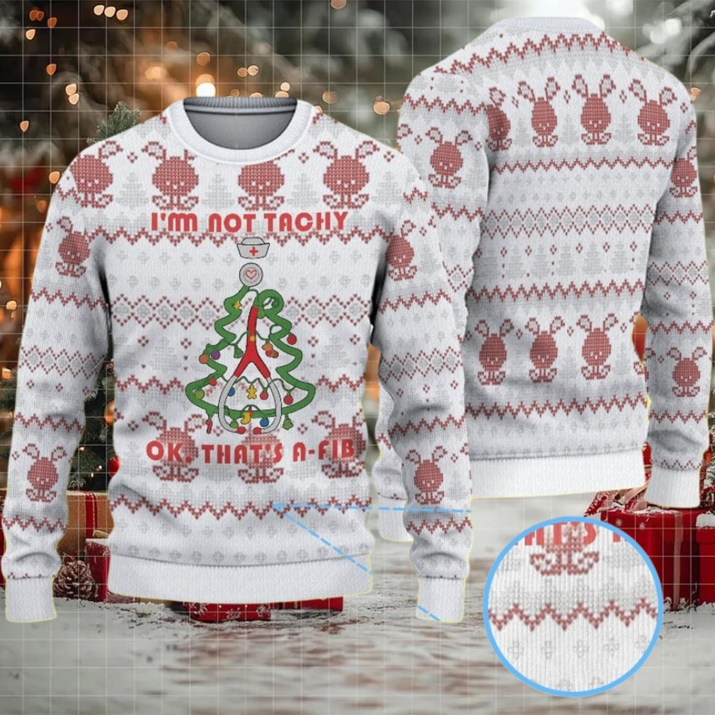 White Ugly Christmas Sweater with Red Reindeer and Snowflake Pattern Featuring Nurse Heartbeat Atrial Fibrillation Tree
