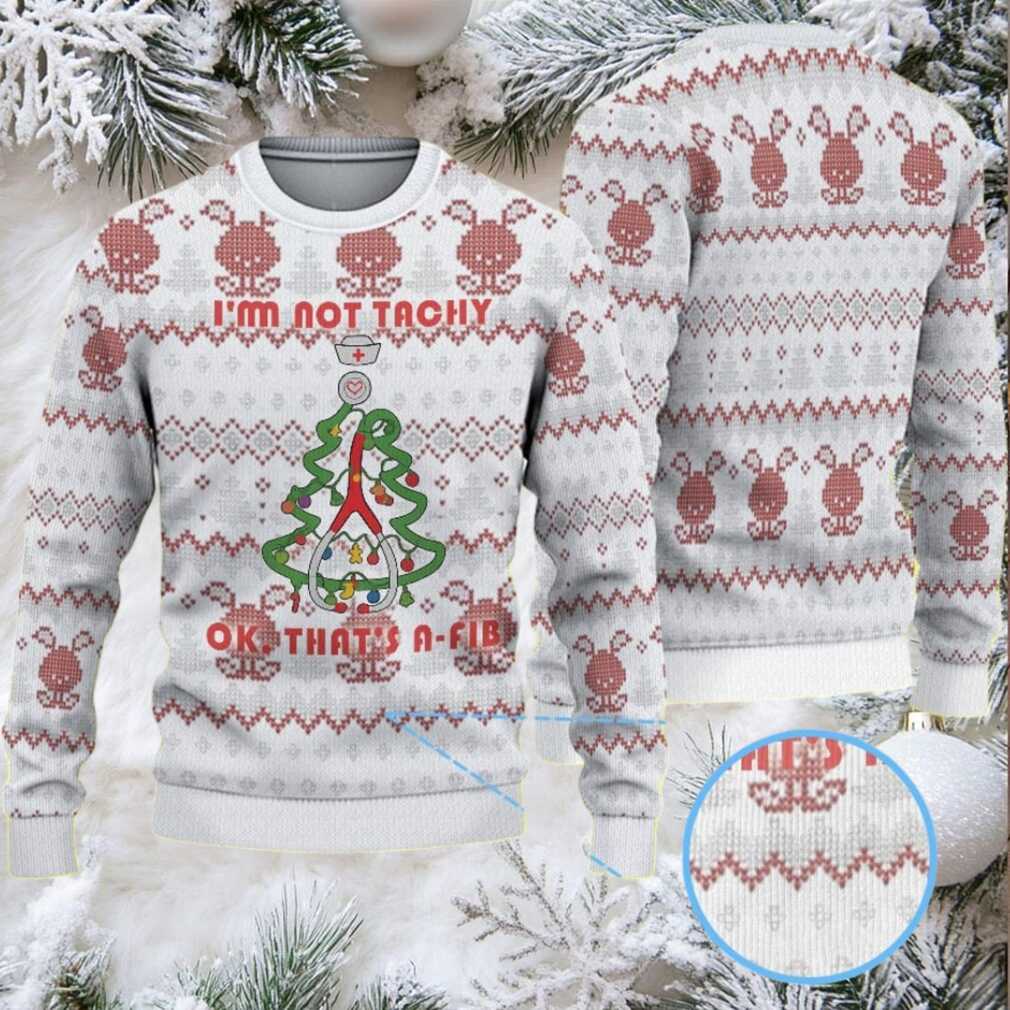 White Ugly Christmas Sweater with Red Reindeer and Snowflake Pattern Featuring Nurse Heartbeat Atrial Fibrillation Tree